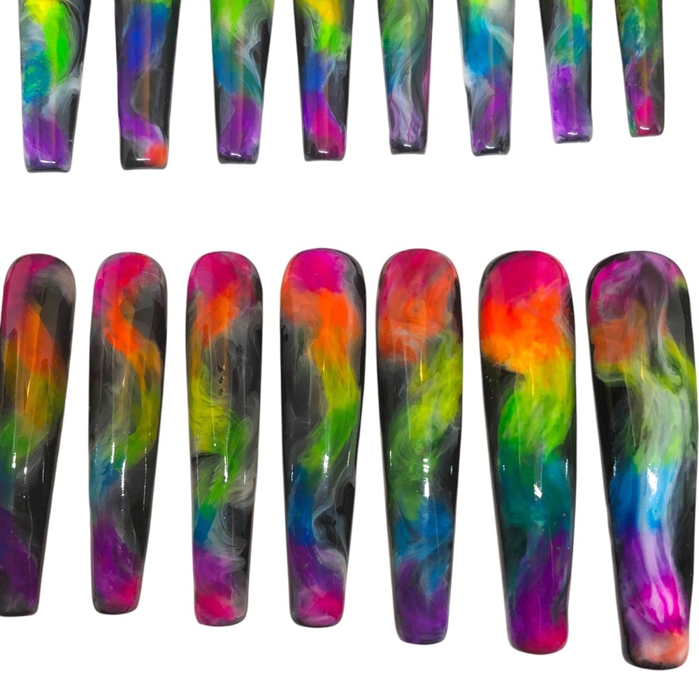 Custom Handmade Set of 22 Press On Nails 2X Long Coffin Shape Black & Ne… - Picture 5 of 9